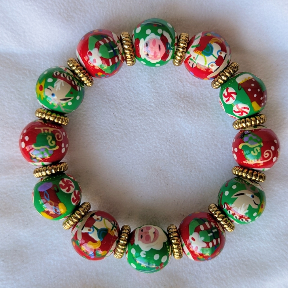 Angela Moore Christmas Classic Red Green Bracelet Hand Painted Resort NEW